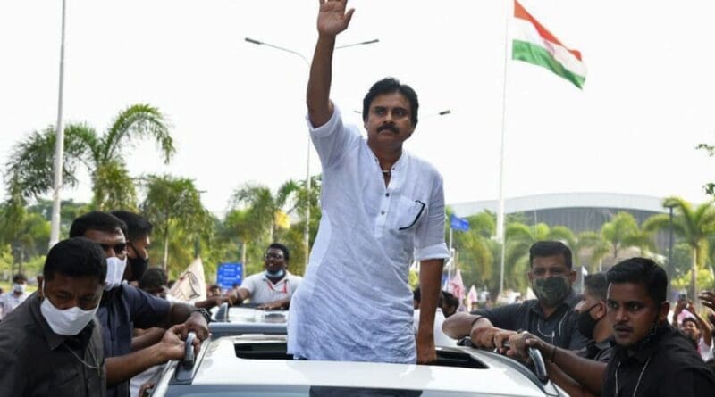 Jana Sena Party chief Pawan Kalyan takes out a rally in protest against the privatization of the plant